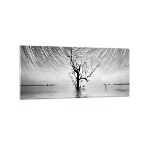 Quadro su vetro - Un albero nell'acqua sotto un cielo notturno con stelle in movimento - 120x50cm - Sinfonia della natura - Decorazione murale moderna per soggiorno e camera da letto ARTTOR