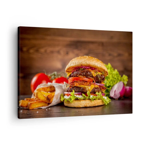 Quadro su tela - Stampe su Tela - Hamburger appetitoso con extra - 70x50cm - Frutto proibito - Decorazione murale moderna per soggiorno e camera da letto ARTTOR