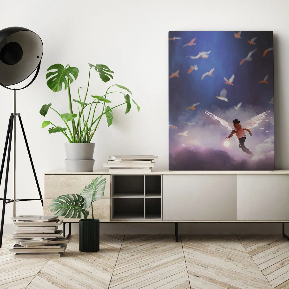 Quadro su tela - Stampe su Tela - Una figura con ali d'angelo che fluttua tra gli uccelli nel cielo - 50x70cm - Bisogna avere fantasia e coraggio - Decorazione murale moderna per soggiorno e camera da letto ARTTOR