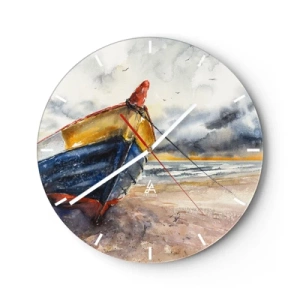 Orologio da parete - Orologio in Vetro - Una barca colorata su una spiaggia sabbiosa in stile pittorico - 30x30cm - Riposo sulla riva - Decorazione murale moderna per soggiorno, cucina e camera da letto ARTTOR