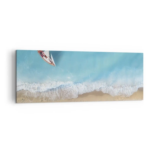 Quadro su tela - Stampe su Tela - Una vista a volo d'uccello di una barca sulla spiaggia - 140x50cm - Al confine del blu e dell'oro - Decorazione murale moderna per soggiorno e camera da letto ARTTOR