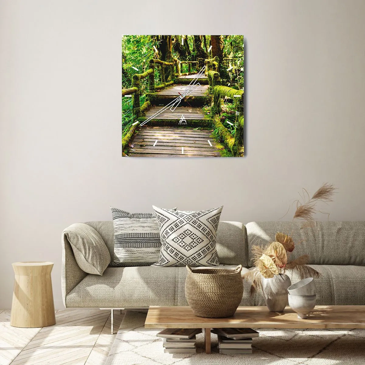 Orologio da parete - Orologio in Vetro - Un ponte di legno ricoperto di muschio in una foresta pluviale tropicale - 30x30cm - Un corridoio nel verde - Decorazione murale moderna per soggiorno e camera da letto ARTTOR