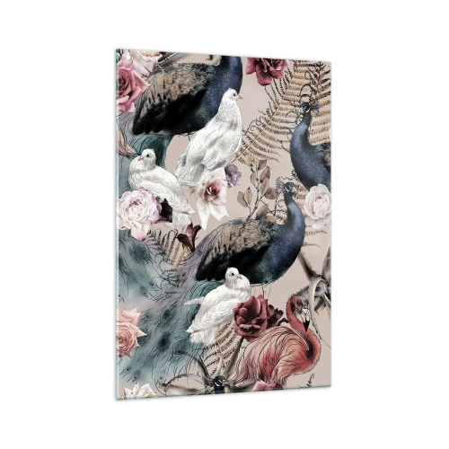 Quadro su vetro - Un paesaggio con piume di pavone, rose e uccelli in stile romantico. - 70x100cm - Nel giardino del palazzo - Decorazione murale moderna per soggiorno e camera da letto ARTTOR
