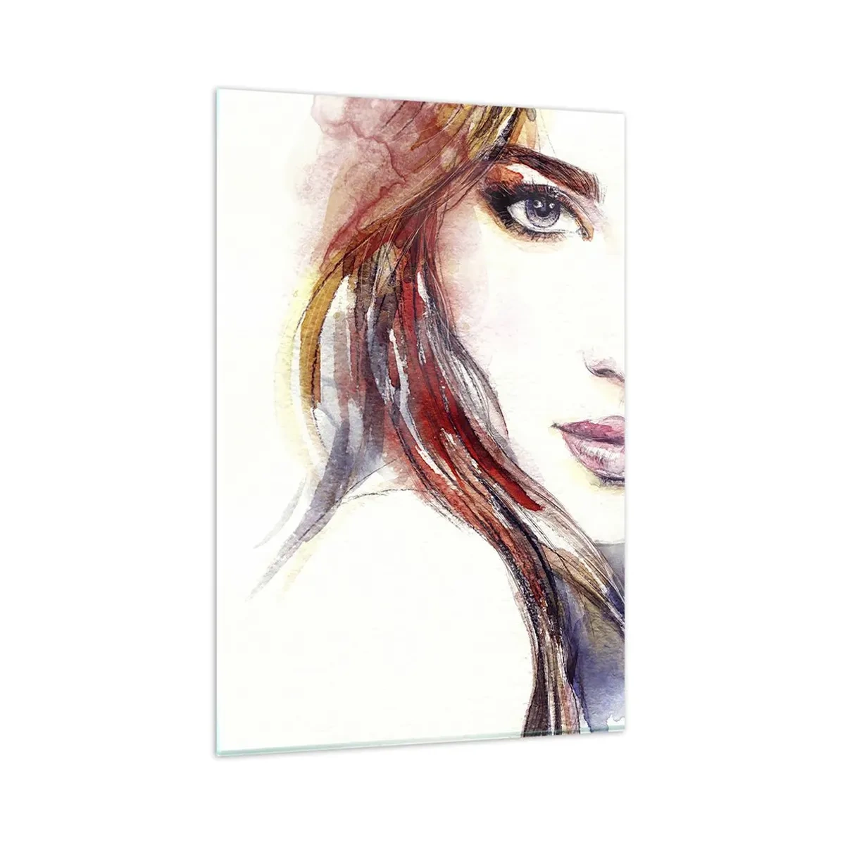Quadro su vetro - Un delicato acquerello raffigurante il volto di una donna dallo sguardo espressivo. - 80x120cm - Vademecum: seguimi - Decorazione murale moderna per soggiorno e camera da letto ARTTOR