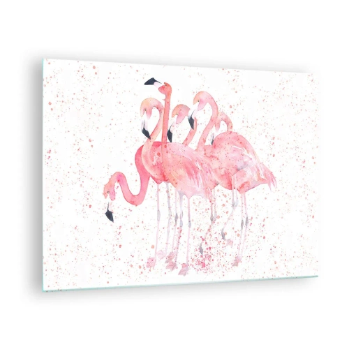 Quadro su vetro - Fenicotteri acquerellati su uno sfondo chiaro con punti delicati - 70x50cm - Gruppo in rosa - Decorazione murale moderna per soggiorno e camera da letto ARTTOR