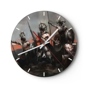 Orologio da parete - Orologio in Vetro - Un gruppo di guerrieri in armatura con scudi e lance in una scena dinamica - 30x30cm - Con lo scudo o sullo scudo - Decorazione murale moderna per soggiorno, cucina e camera da letto ARTTOR