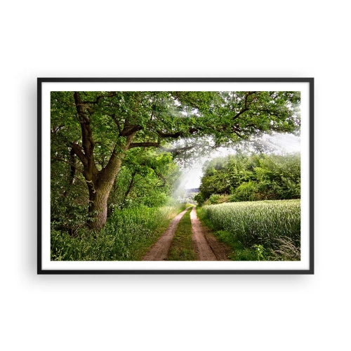 Poster in cornice nera - Una strada sterrata tra alberi verdi e luce solare - 100x70cm - Et in Arcadia ego - Decorazione murale moderna per soggiorno e camera da letto ARTTOR