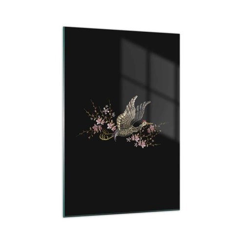 Quadro su vetro - Un uccello in volo con fiori su sfondo nero - 70x100cm - Uccello esotico ricamato - Decorazione murale moderna per soggiorno e camera da letto ARTTOR