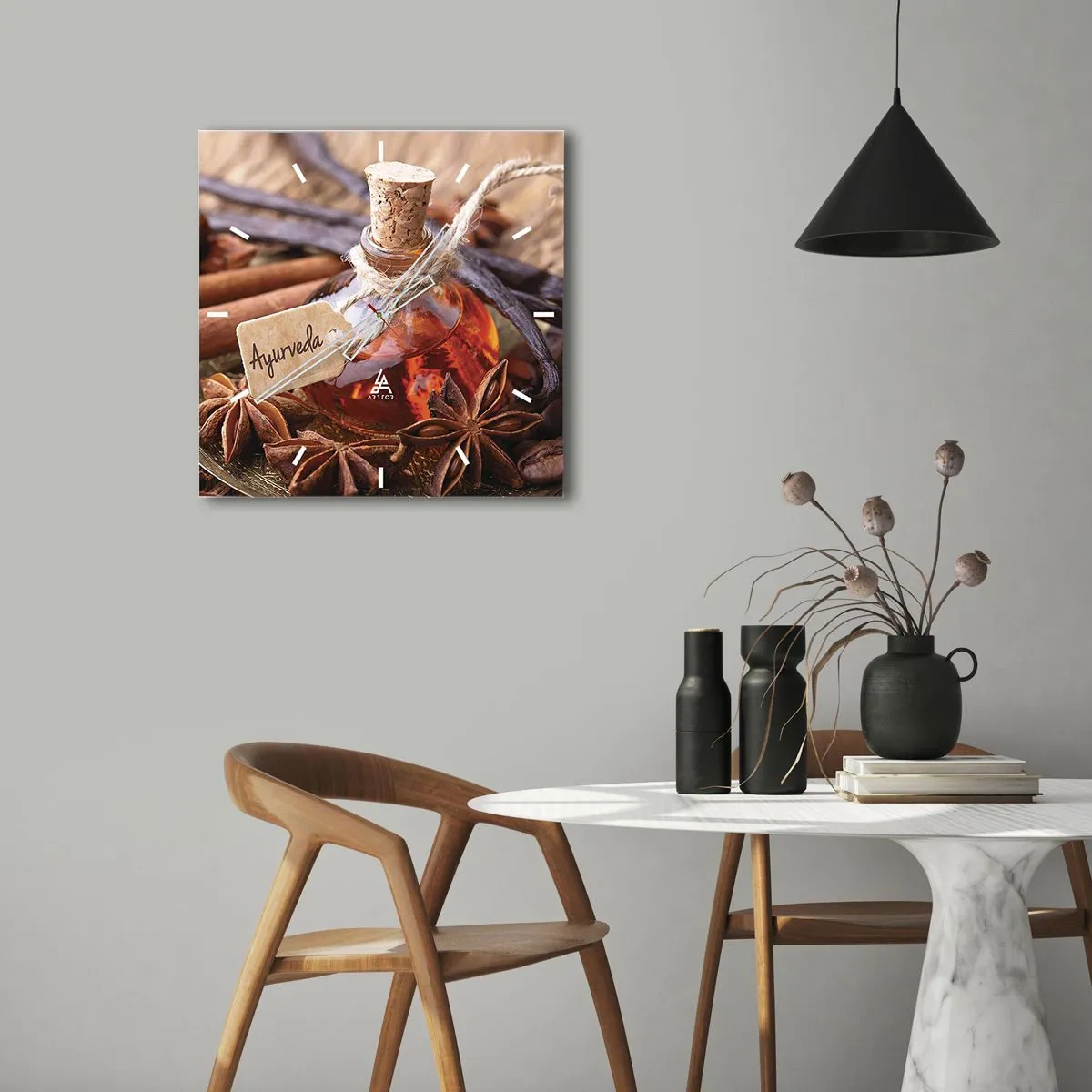 Orologio da parete - Orologio in Vetro - Una bottiglia di olio speziato su un vassoio - 30x30cm - Verso l'unità del corpo e dell'anima - Decorazione murale moderna per soggiorno e camera da letto ARTTOR