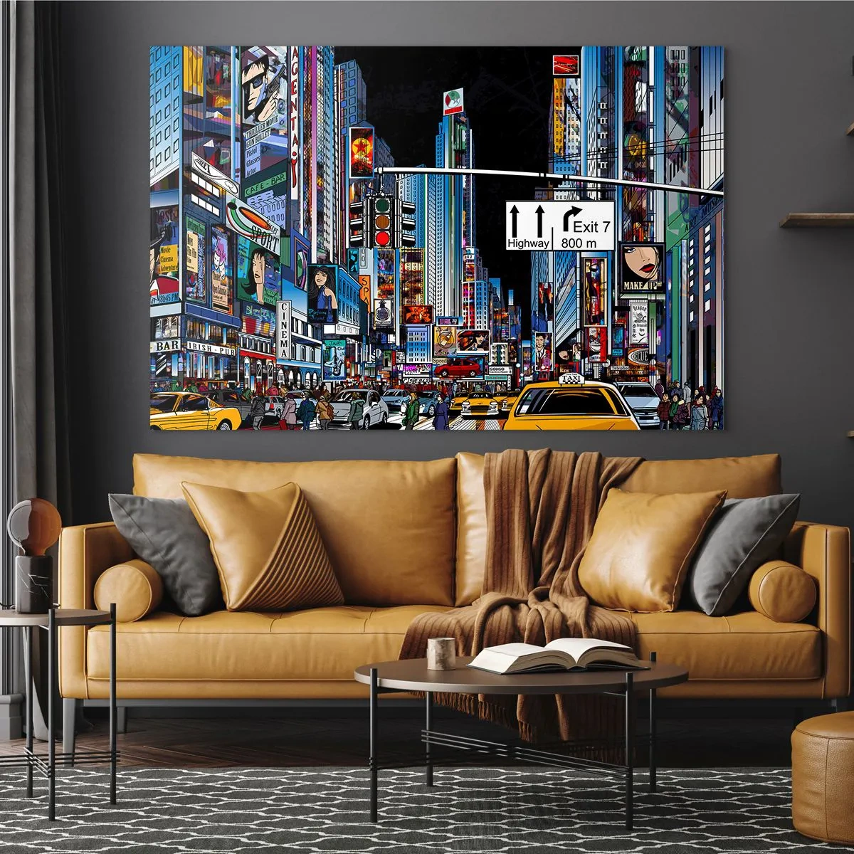 Quadro su vetro - Una strada trafficata con taxi gialli e insegne al neon - 70x50cm - La grande notte dei fumetti - Decorazione murale moderna per soggiorno e camera da letto ARTTOR