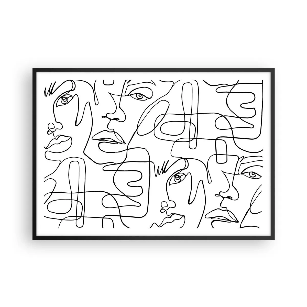 Poster in cornice nera - Un disegno minimalista di un viso con linee su uno sfondo chiaro. - 100x70cm - Emozioni intrecciate - Decorazione murale moderna per soggiorno e camera da letto ARTTOR