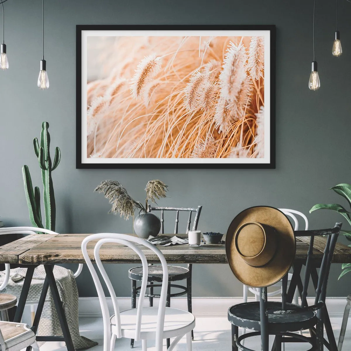 Poster in cornice nera - Primo piano di erbe dorate e delicate alla luce del sole - 70x50cm - Il fruscio dorato dell'erba - Decorazione murale moderna per soggiorno e camera da letto ARTTOR