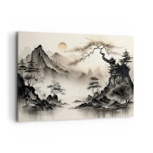Quadro su tela - Stampe su Tela - Un paesaggio orientale con montagne e una pagoda dalle tonalità delicate. - 120x80cm - Il fascino irripetibile dell'oriente - Decorazione murale moderna per soggiorno e camera da letto ARTTOR