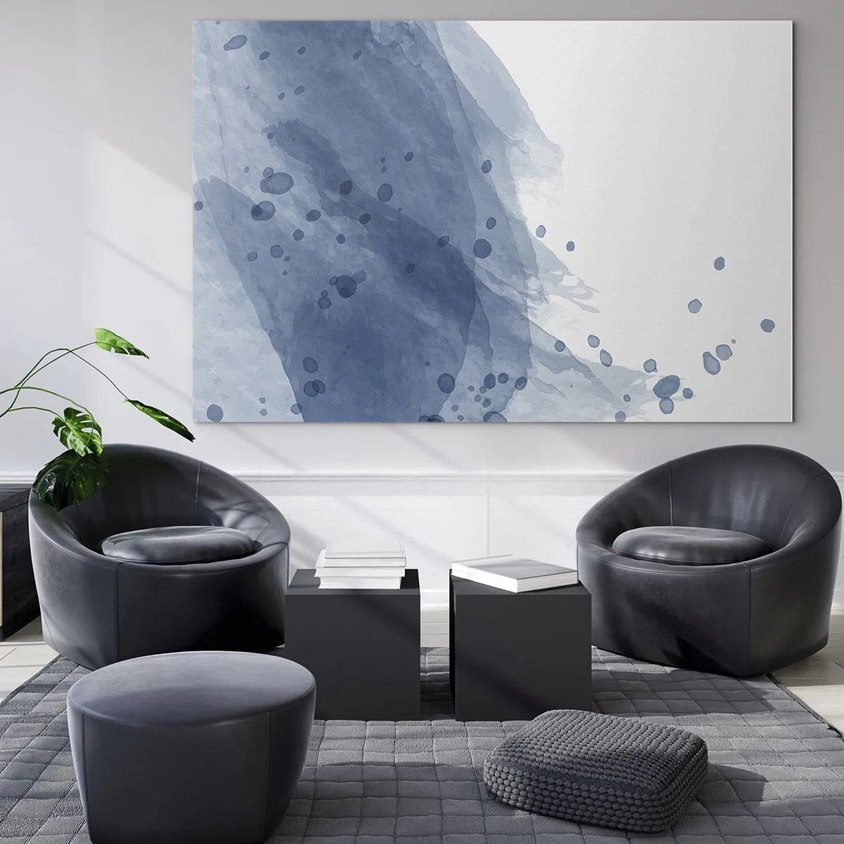 Quadro su vetro - Macchia di acquerello nei toni del blu - 70x50cm - Tulle blu - Decorazione murale moderna per soggiorno e camera da letto ARTTOR