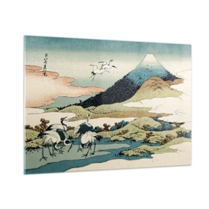 Quadro su vetro - Dipinto di uccelli in un paesaggio giapponese con vista sul Monte Fuji. - 100x70cm - Nello spirito giapponese - Decorazione murale moderna per soggiorno e camera da letto ARTTOR