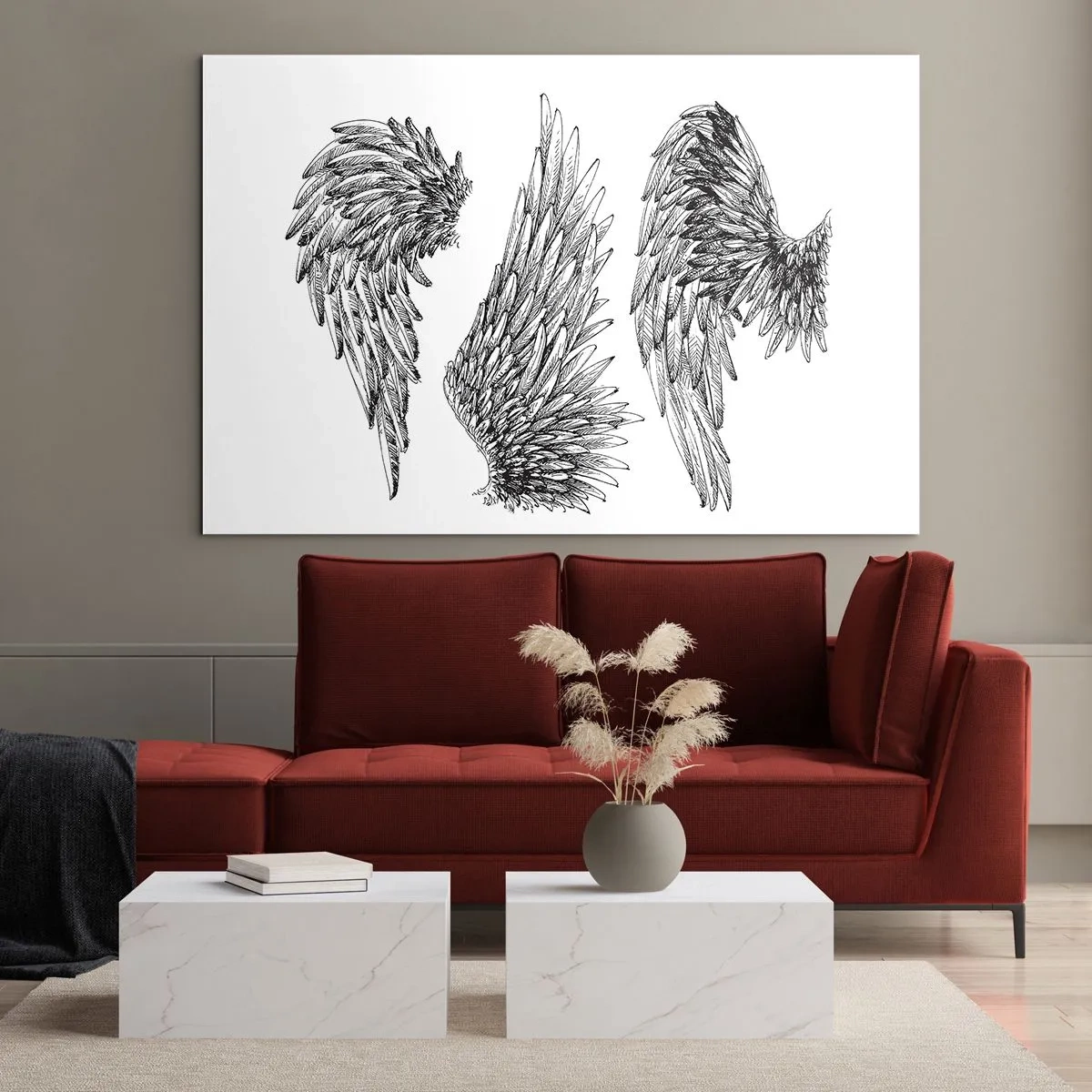 Quadro su vetro - Ali d'angelo in grafica artistica in bianco e nero - 70x50cm - Anche tu puoi essere un angelo - Decorazione murale moderna per soggiorno e camera da letto ARTTOR