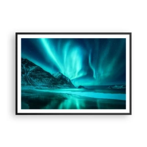 Poster in cornice nera - Aurora boreale su un paesaggio invernale montuoso - 100x70cm - Miracolo del Nord - Decorazione murale moderna per soggiorno e camera da letto ARTTOR
