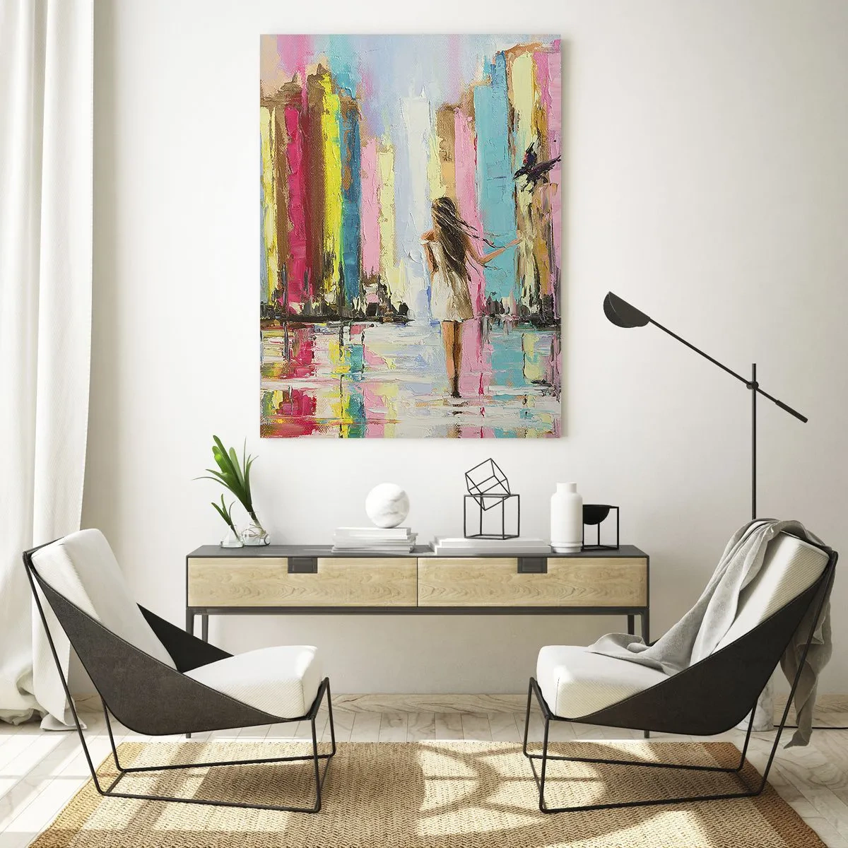 Quadro su vetro - Una città colorata e una donna in abito bianco con un uccello - 80x120cm - Seguimi - Decorazione murale moderna per soggiorno e camera da letto ARTTOR