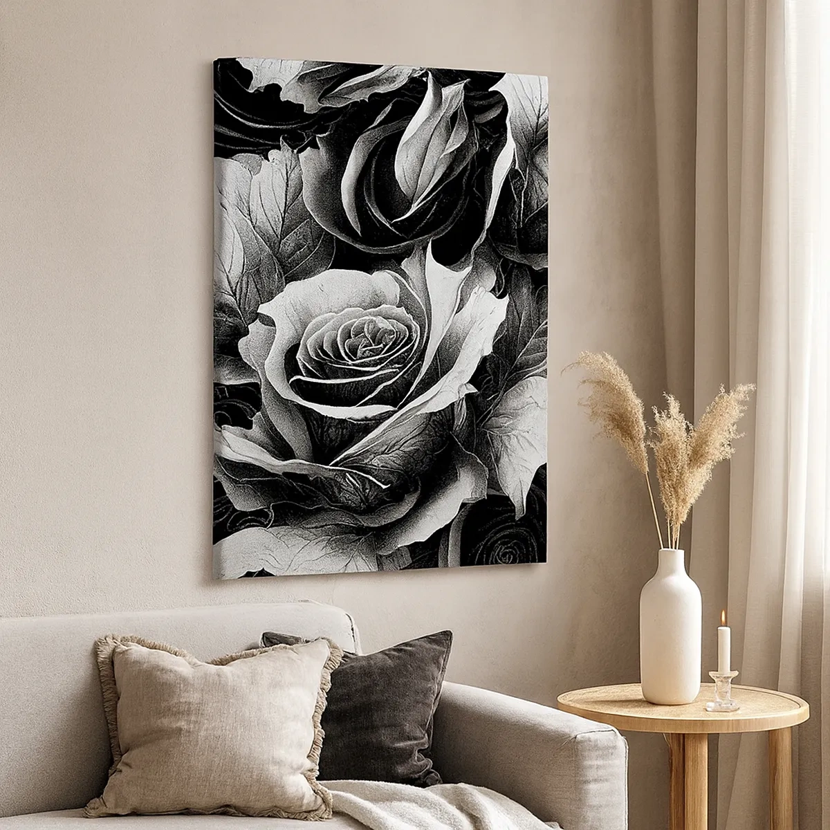 Quadro su tela - Stampe su Tela - Rose bianche e nere in una composizione elegante - 50x70cm - Sempre regina - Decorazione murale moderna per soggiorno e camera da letto ARTTOR