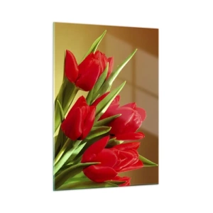 Quadro su vetro - Un mazzo di tulipani rossi su sfondo dorato - 50x70cm - Un mazzo di gioia primaverile - Decorazione murale moderna per soggiorno e camera da letto ARTTOR