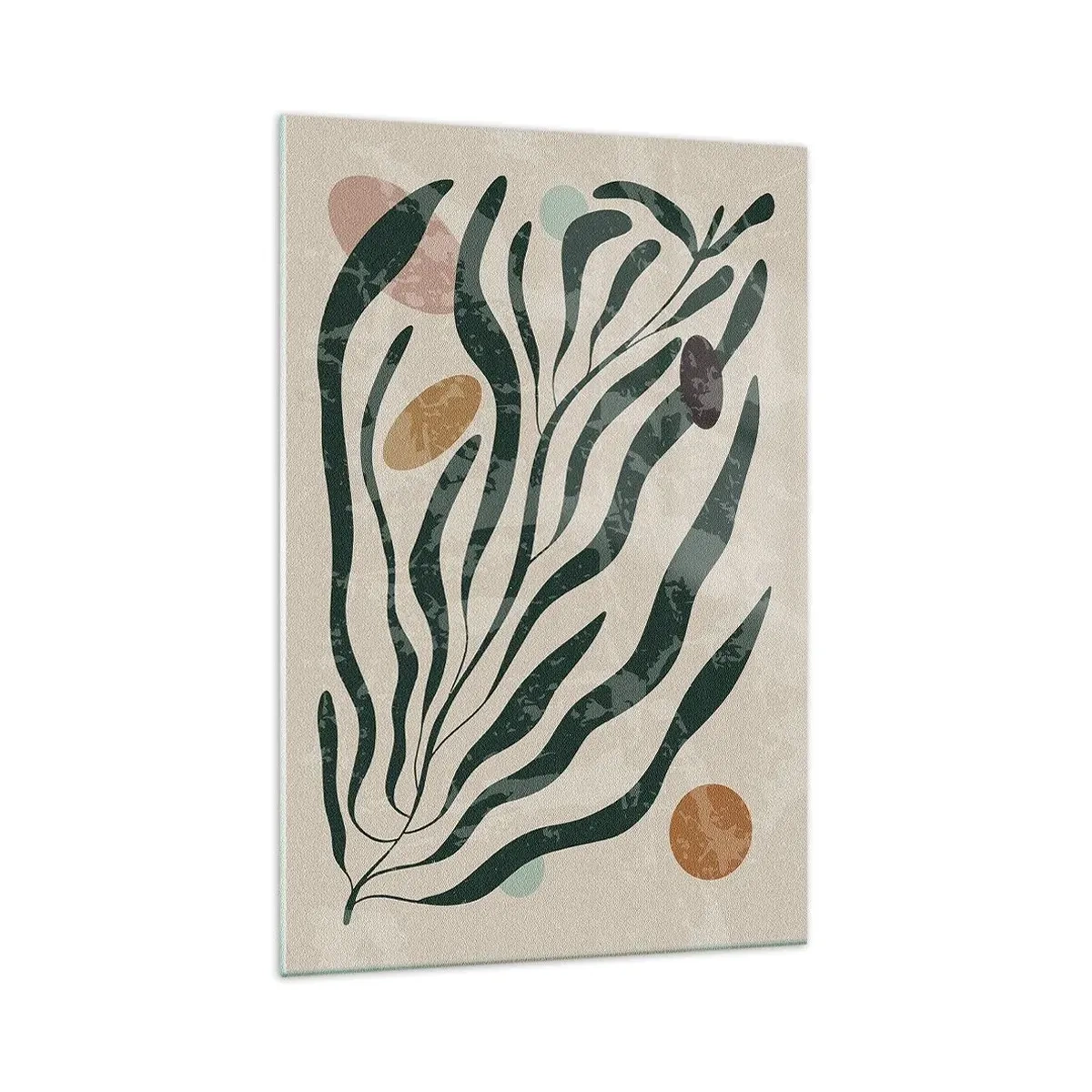 Quadro su vetro - Linee e forme organiche in verde e beige - 70x100cm - Tra il verde - Decorazione murale moderna per soggiorno e camera da letto ARTTOR
