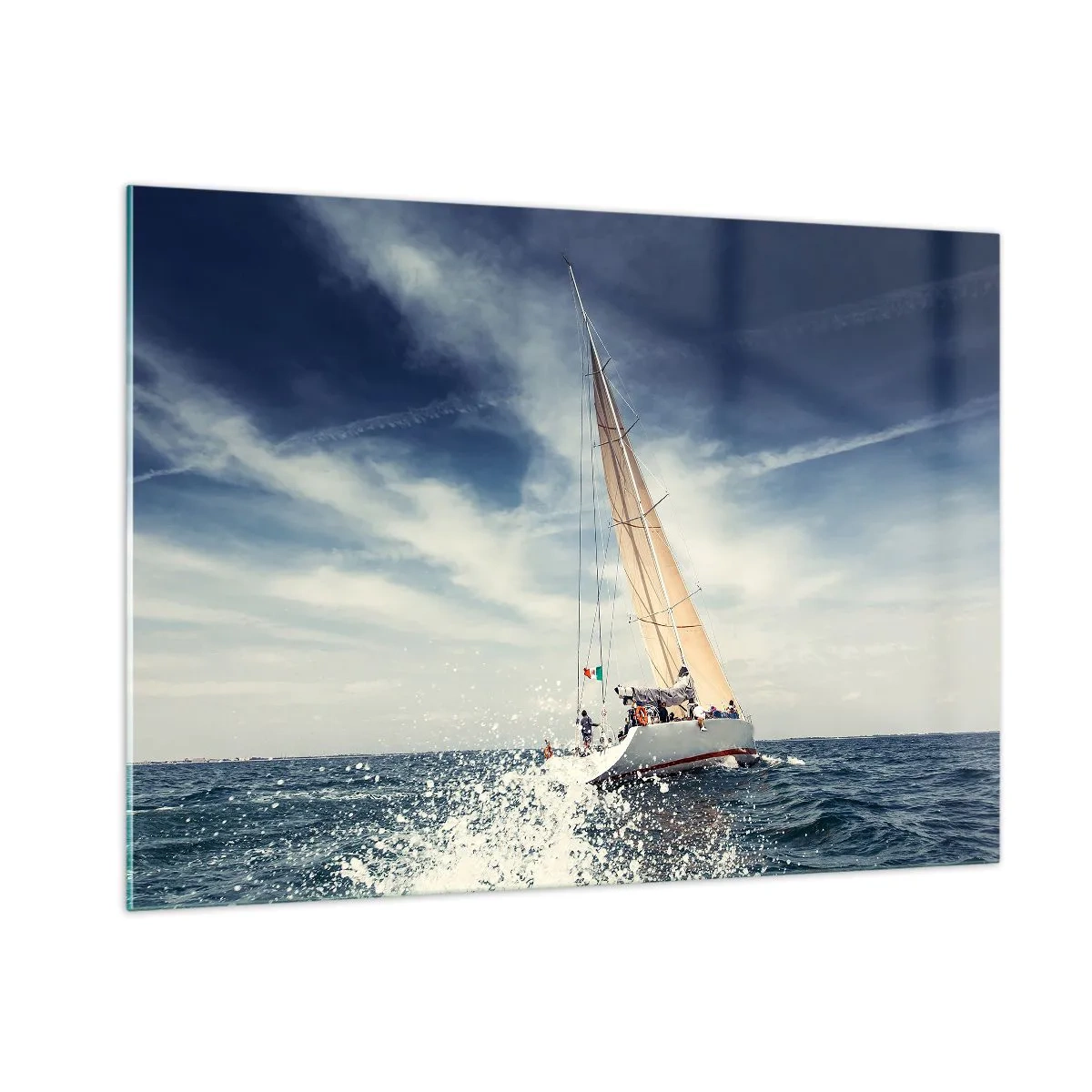Quadro su vetro - Uno yacht che naviga su un mare in tempesta sotto un cielo azzurro - 100x70cm - Non ci raggiungeranno! - Decorazione murale moderna per soggiorno e camera da letto ARTTOR
