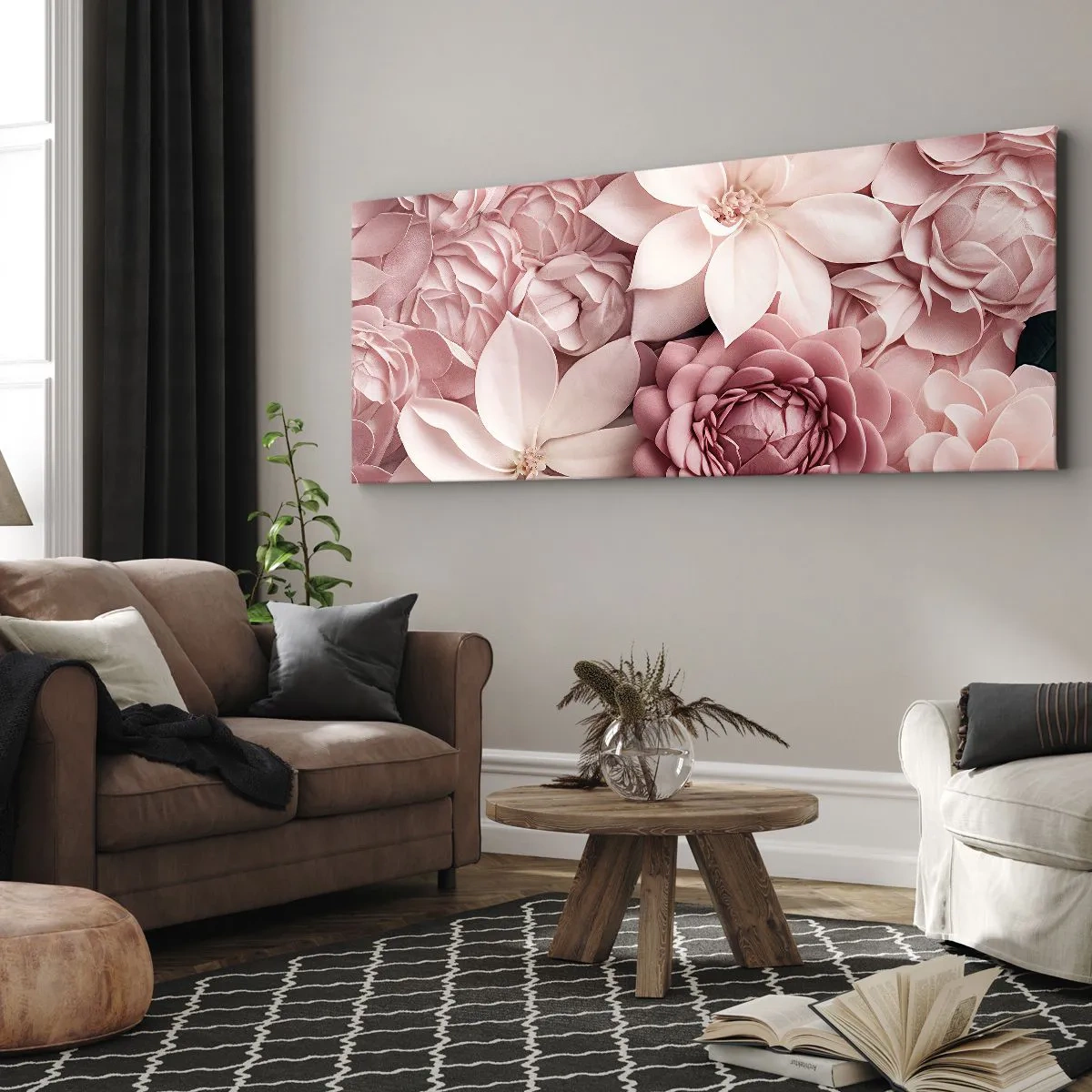 Quadro su tela - Stampe su Tela - Fiori nelle tonalità del rosa e del bianco in un approccio artistico - 140x50cm - Nei petali di rosa - Decorazione murale moderna per soggiorno e camera da letto ARTTOR