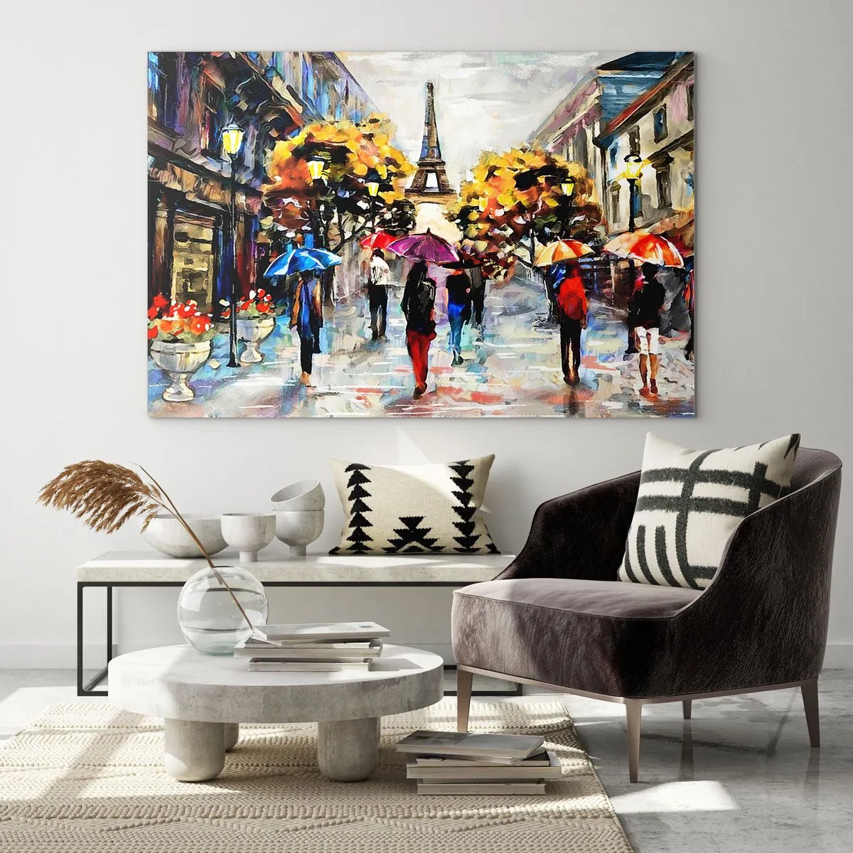 Quadro su vetro - La Torre Eiffel sullo sfondo di persone che camminano sotto ombrelli colorati - 120x80cm - Bella soprattutto d'autunno - Decorazione murale moderna per soggiorno e camera da letto ARTTOR
