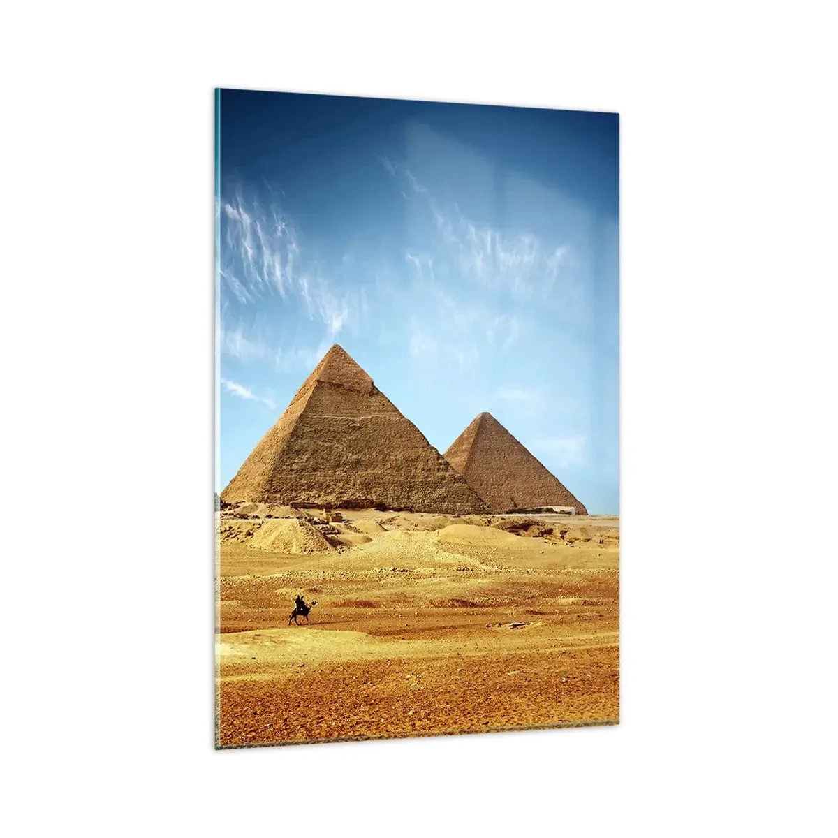 Quadro su vetro - Le piramidi di Giza contro un cielo azzurro e un paesaggio desertico - 80x120cm - 40 secoli ci guardano - Decorazione murale moderna per soggiorno e camera da letto ARTTOR