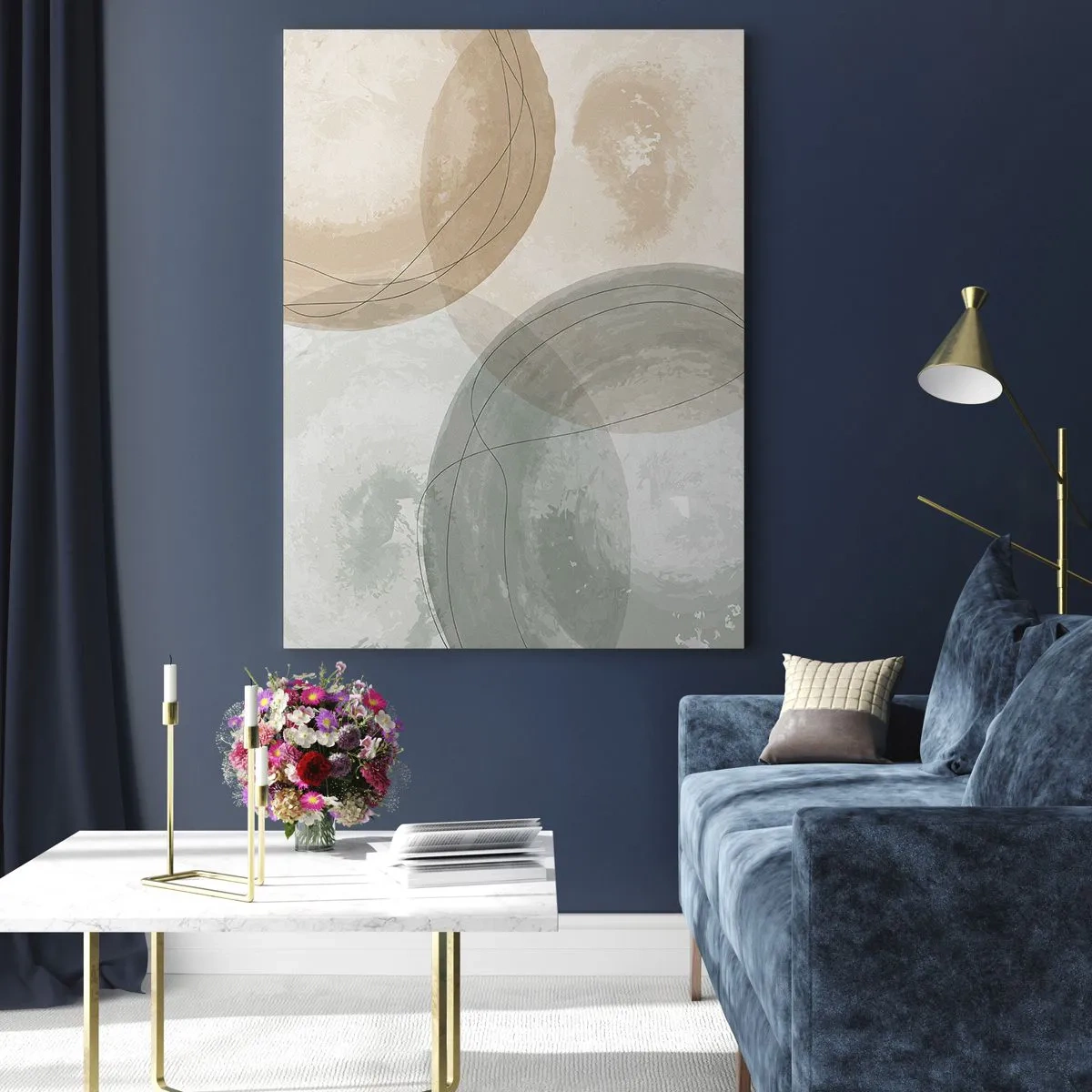 Quadro su vetro - Cerchi e linee pastello in una composizione sottile - 50x70cm - Compenetrazione di mondi - Decorazione murale moderna per soggiorno e camera da letto ARTTOR