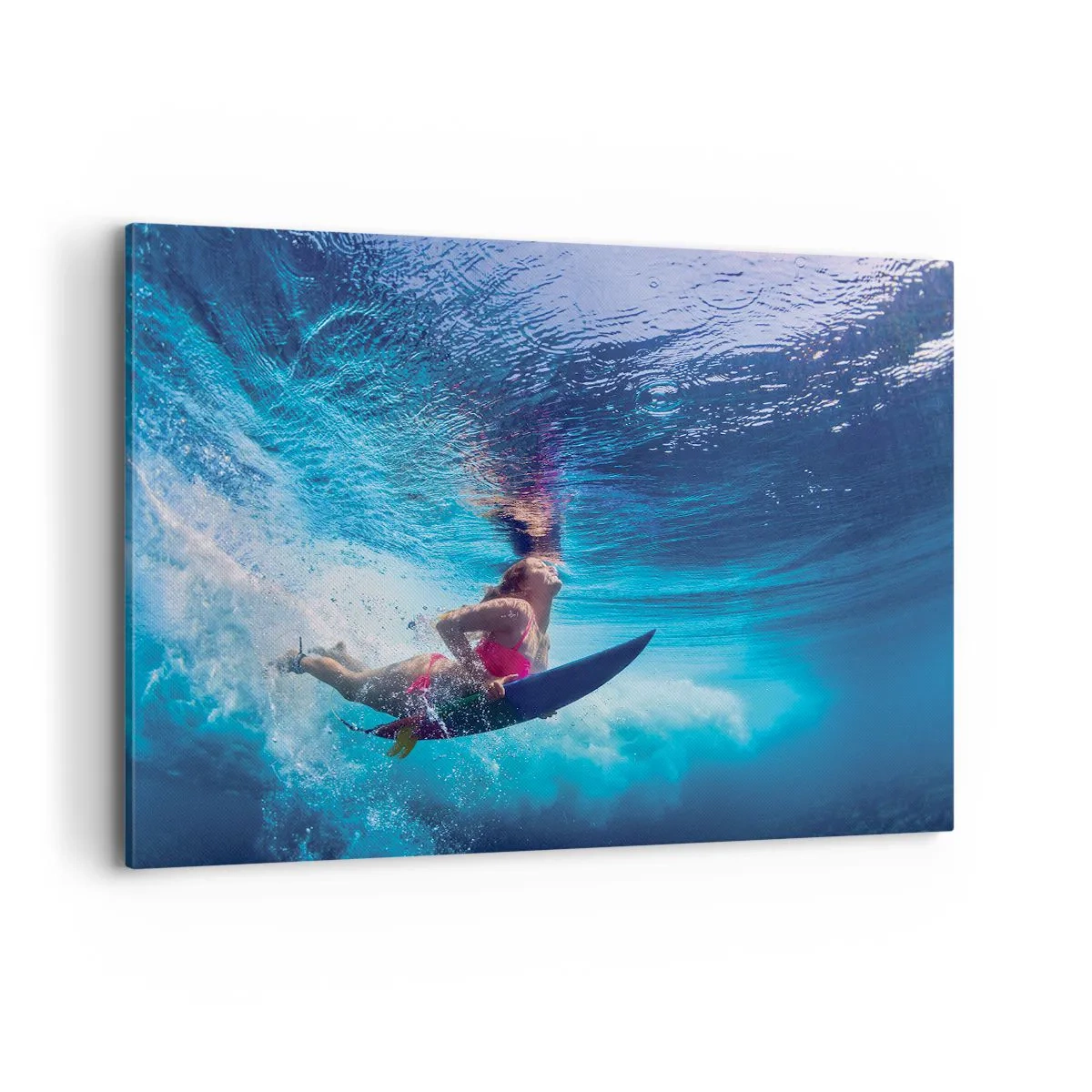 Quadro su tela - Stampe su Tela - Un surfista sott'acqua in una composizione dinamica nei toni del blu. - 120x80cm - La profondità della gioia - Decorazione murale moderna per soggiorno e camera da letto ARTTOR