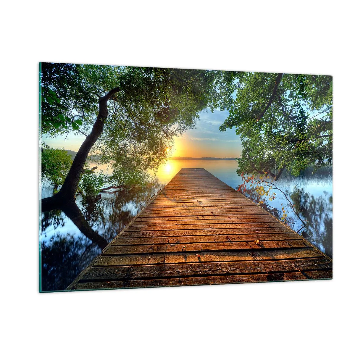 Quadro su vetro - Molo di legno sul lago al tramonto - 120x80cm - Non avere fretta, siediti - Decorazione murale moderna per soggiorno e camera da letto ARTTOR