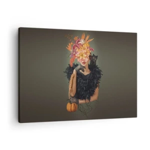 Quadro su tela - Stampe su Tela - Ritratto di donna con motivi autunnali e un gatto - 70x50cm - L'incantesimo della strega - Decorazione murale moderna per soggiorno e camera da letto ARTTOR