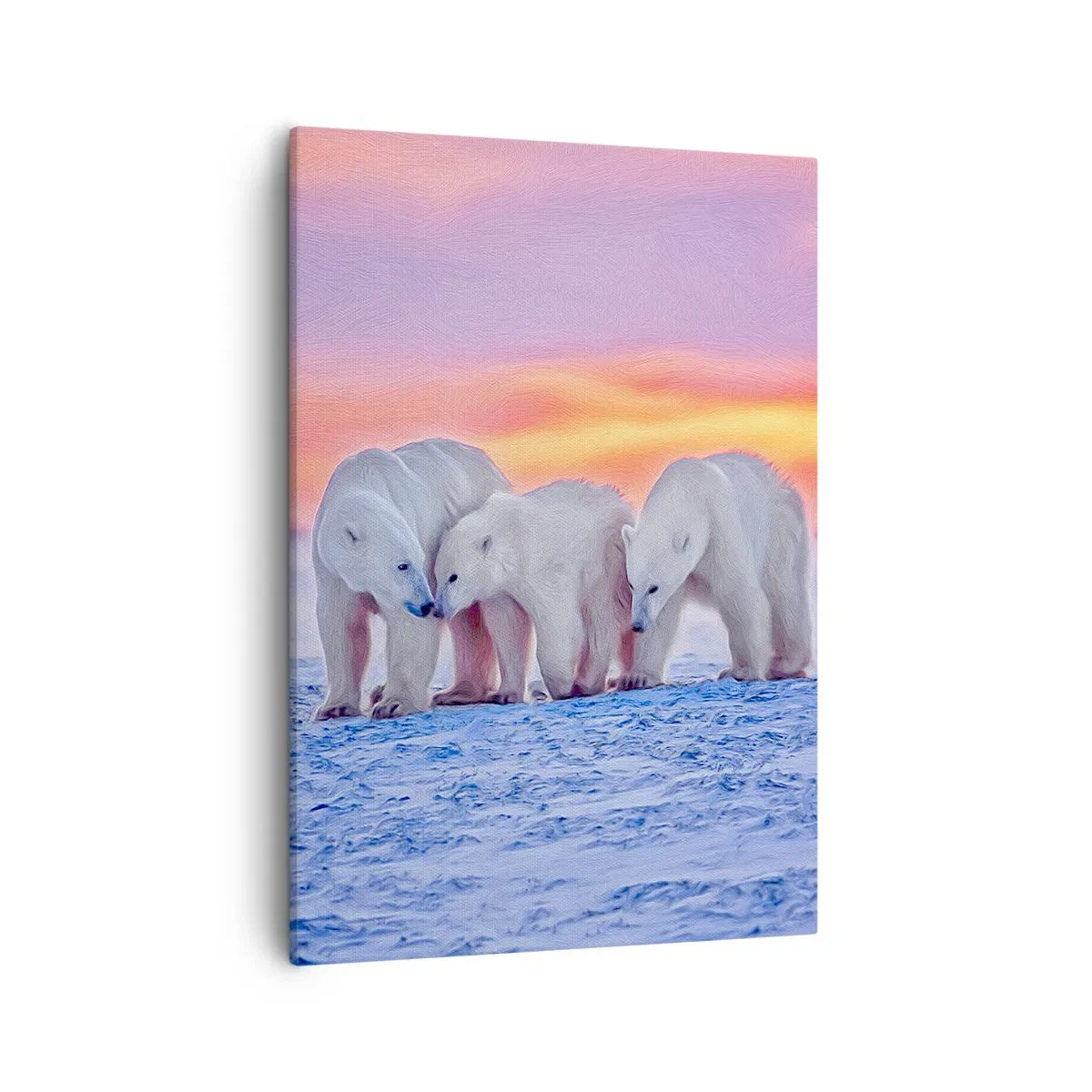 Quadro su tela - Stampe su Tela - Tre orsi polari sullo sfondo di un tramonto artico - 50x70cm - Basta il calore della famiglia - Decorazione murale moderna per soggiorno e camera da letto ARTTOR