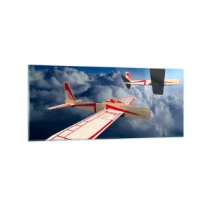 Quadro su vetro - Due aeroplani di legno che sorvolano le nuvole contro un cielo azzurro. - 120x50cm - Più in alto, più lontano - Decorazione murale moderna per soggiorno e camera da letto ARTTOR