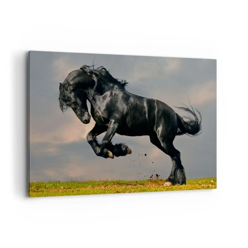 Quadro su tela - Stampe su Tela - Un cavallo oscuro in un salto dinamico contro il cielo - 120x80cm - Libero e bello - Decorazione murale moderna per soggiorno e camera da letto ARTTOR
