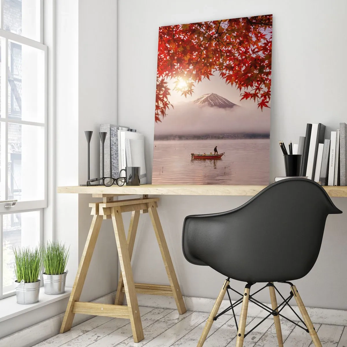 Quadro su vetro - Monte Fuji con una barca su un lago circondato da foglie rosse - 50x70cm - Nell'atmosfera del Giappone - Decorazione murale moderna per soggiorno e camera da letto ARTTOR