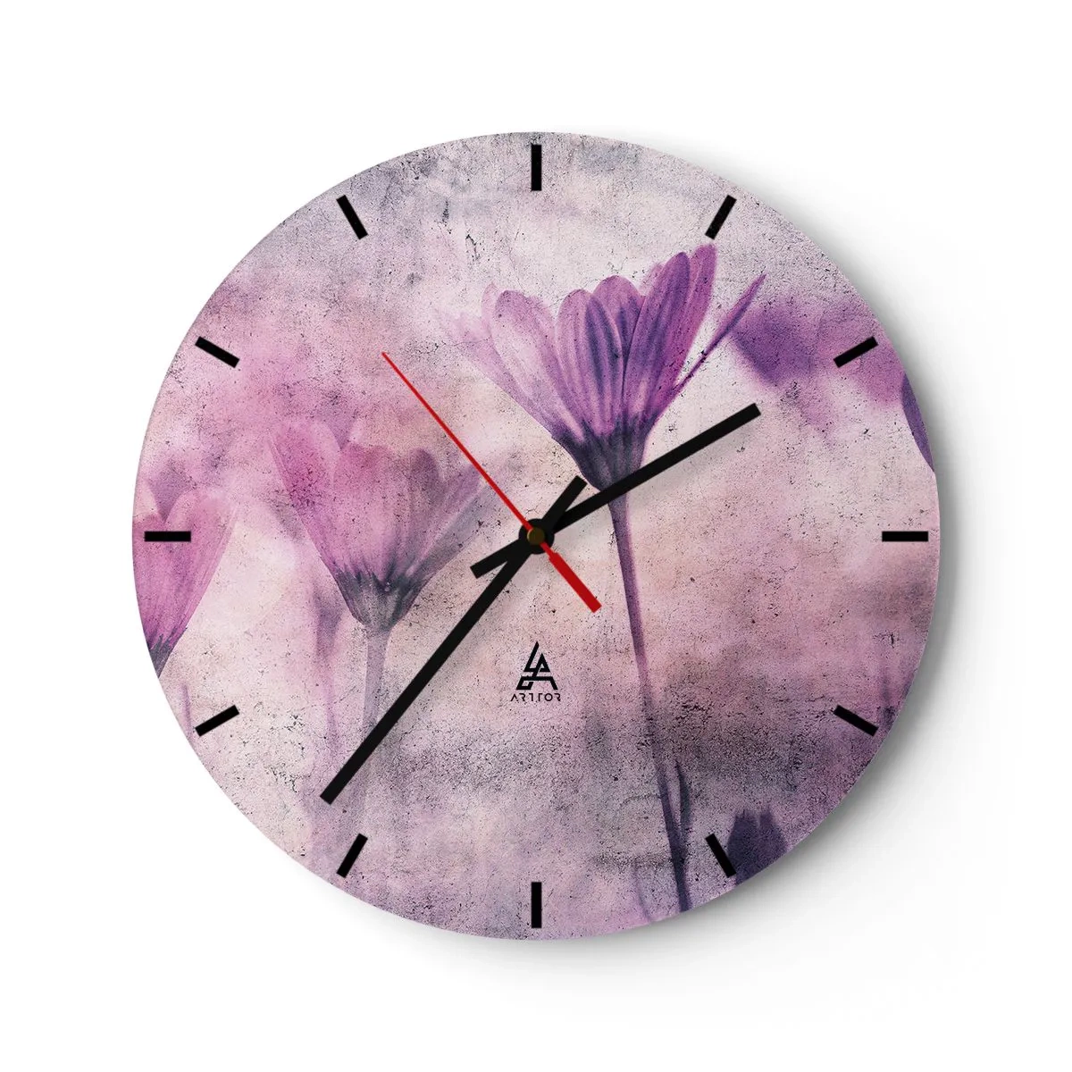 Orologio da parete - Orologio in Vetro - Delicati fiori viola su sfondo pastello - 30x30cm - Il sogno dei fiori - Decorazione murale moderna per soggiorno, cucina e camera da letto ARTTOR