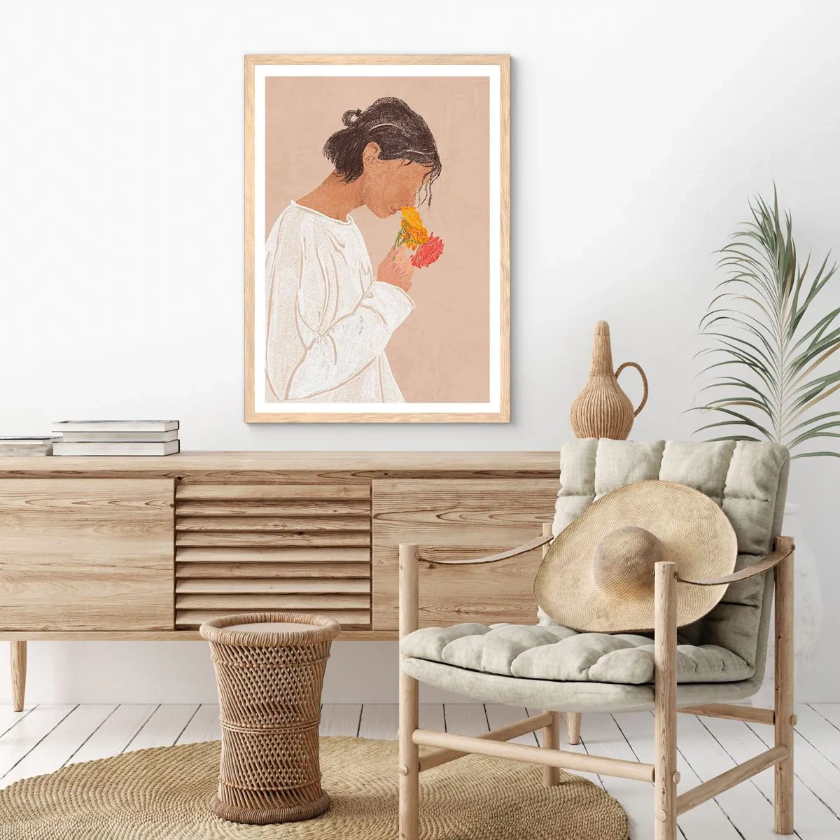 Poster in cornice rovere chiaro - Ragazza con i fiori - 50x70 cm