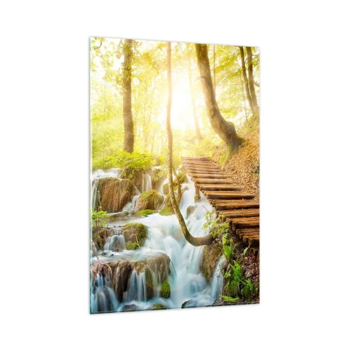 Quadro su vetro - Sentiero nel bosco con scale in legno vicino alla cascata - 80x120cm - Bramata freschezza - Decorazione murale moderna per soggiorno e camera da letto ARTTOR