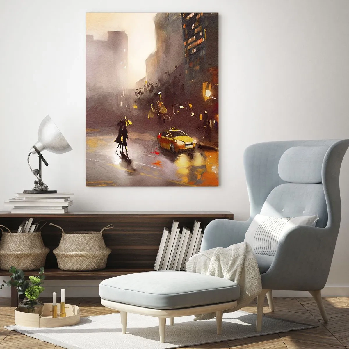 Quadro su vetro - Una scena urbana notturna alla luce dei lampioni e dei riflessi su una strada bagnata. - 80x120cm - Nelle luci di New York - Decorazione murale moderna per soggiorno e camera da letto ARTTOR