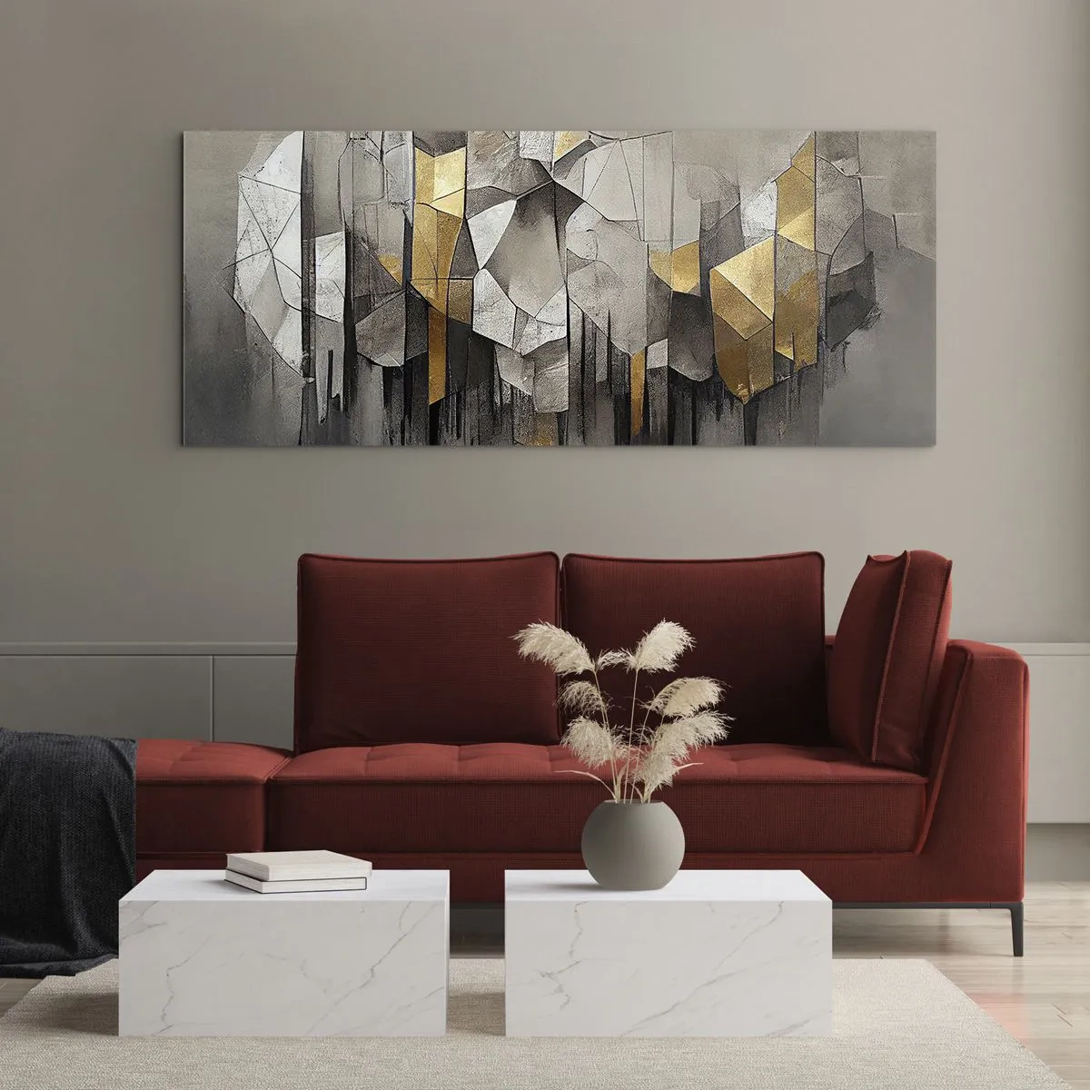 Quadro su vetro - Astrazione geometrica nei toni dell'oro e del grigio - 120x50cm - Composizione di ghiaccio e luce - Decorazione murale moderna per soggiorno e camera da letto ARTTOR