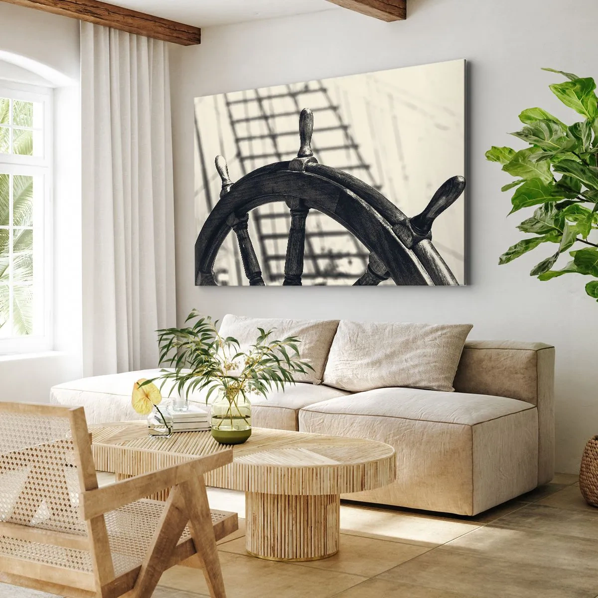 Quadro su tela - Stampe su Tela - Un timone a vela in stile retrò con una nave sullo sfondo - 120x80cm - Racconti del mare - Decorazione murale moderna per soggiorno e camera da letto ARTTOR