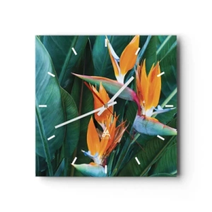 Orologio da parete - Orologio in Vetro - Fiori esotici di strelitzia circondati da foglie verdi - 30x30cm - È un fiore o un uccello? - Decorazione murale moderna per soggiorno e camera da letto ARTTOR