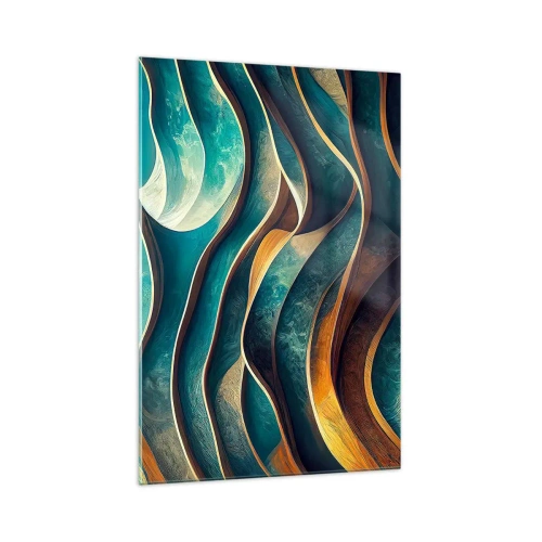 Quadro su vetro - Onde astratte nei toni del turchese e dell'oro - 70x100cm - I meandri del blu - Decorazione murale moderna per soggiorno e camera da letto ARTTOR