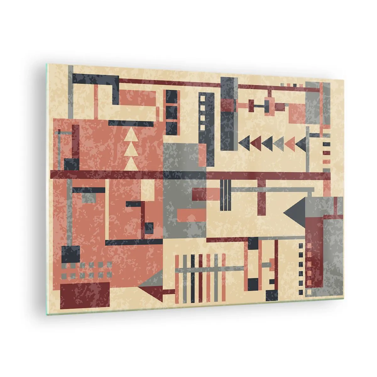 Quadro su vetro - Motivo geometrico astratto nelle tonalità del beige e del rosso - 70x50cm - Combinazione di orizzontali e verticali - Decorazione murale moderna per soggiorno e camera da letto ARTTOR