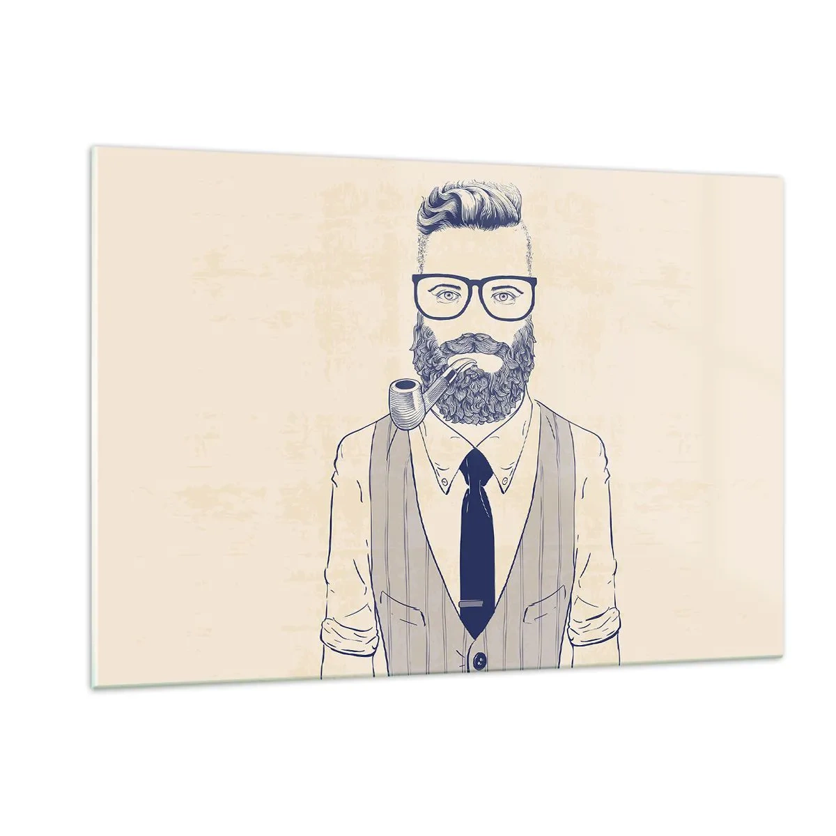 Quadro su vetro - Un uomo stilizzato con barba, occhiali e pipa su uno sfondo chiaro. - 120x80cm - Allegro, maschile e alla moda - Decorazione murale moderna per soggiorno e camera da letto ARTTOR
