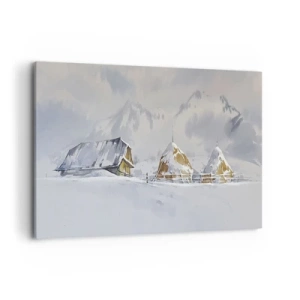 Quadro su tela - Stampe su Tela - Paesaggio invernale con una casetta e pagliai in montagna - 120x80cm - Nella valle innevata - Decorazione murale moderna per soggiorno e camera da letto ARTTOR