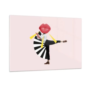 Quadro su vetro - Una composizione pop art surreale che raffigura un personaggio con una grande bocca su uno sfondo rosa. - 120x80cm - Pop-art surrealistica - Decorazione murale moderna per soggiorno e camera da letto ARTTOR