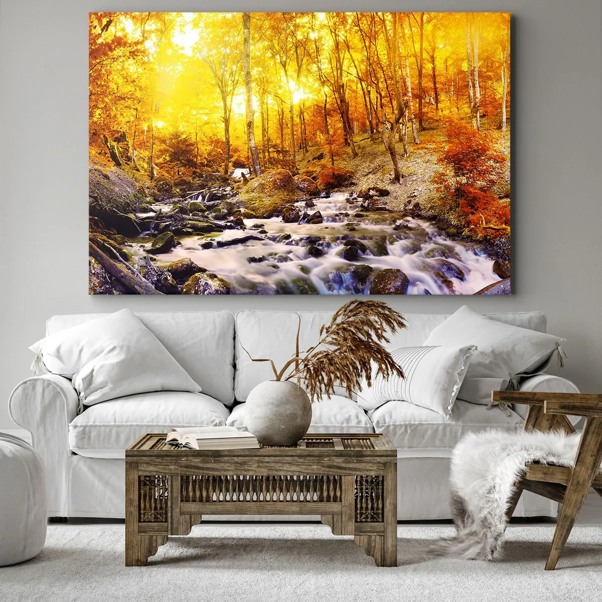 Quadro su tela - Stampe su Tela - Foresta autunnale con ruscello tra foglie dorate - 70x50cm - Pietre incorniciate in oro e platino - Decorazione murale moderna per soggiorno e camera da letto ARTTOR